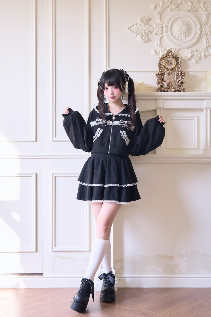 Sport Jirai Kei Hoodie Jacket Pants and Skirt with Lace Detail 42521:743635