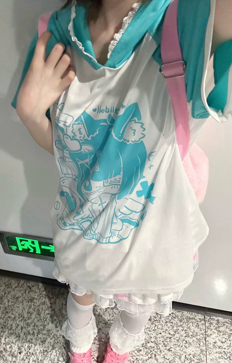 Subculture T-shirt Cat Ear Anime Hoodie Loose Otaku Shirt 38522:600566