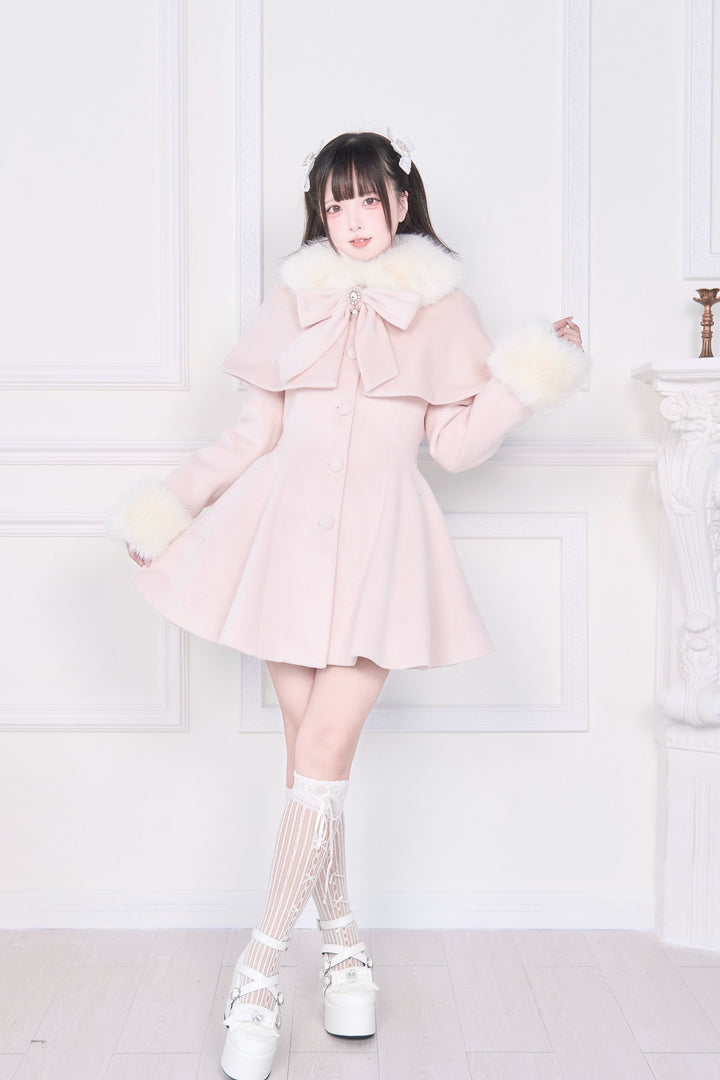 Jirai Kei Winter Coat, Faux Fur Trim, Detachable Cape 44066:794446