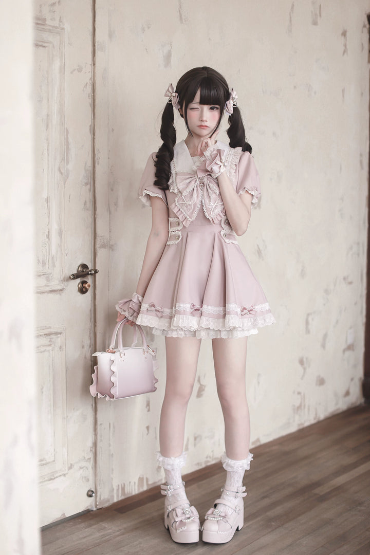 Pink High-waist Ryousangata Dress, Sailor Collar 44781:829323