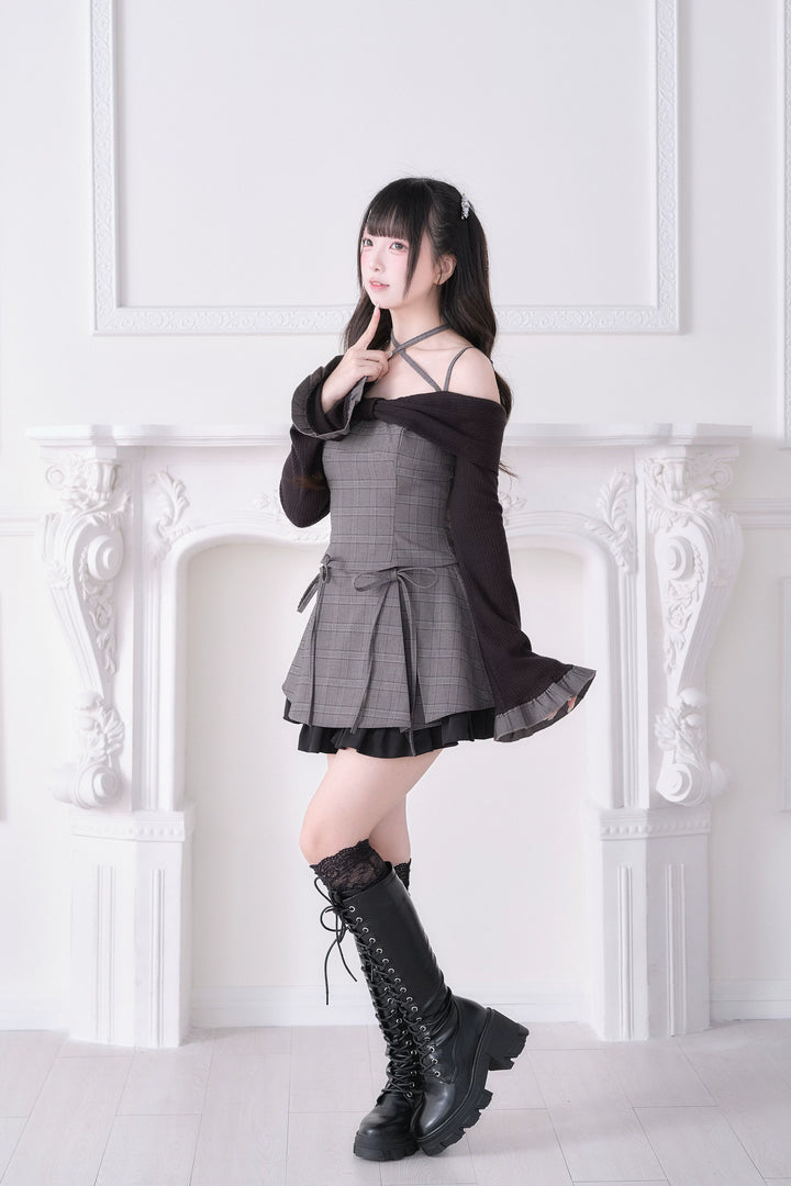 Jirai Kei Plaid Top and Skirt Set, Halter Neckline 44814:822649