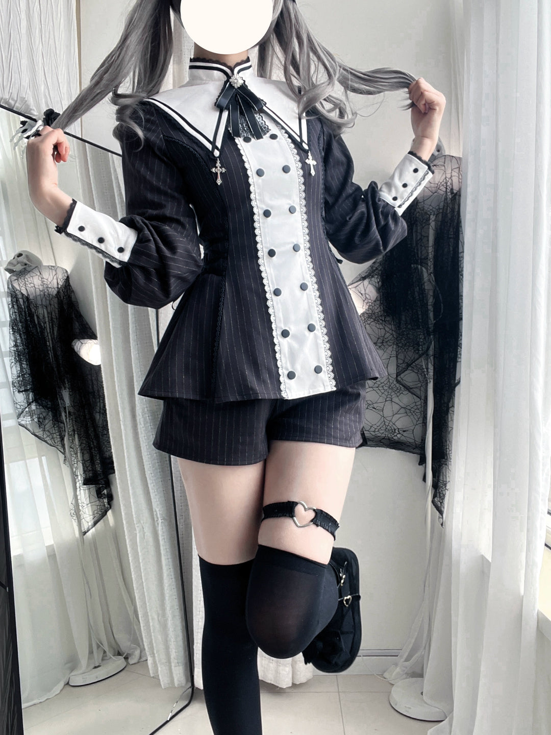 Striped Jirai Kei Set Up, Detachable Collar, Long/Short Sleeve Styles 43401:775822