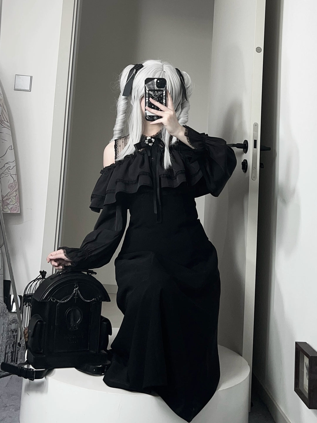 Gothic Black Open-Shoulder Long Dress 44168:798396