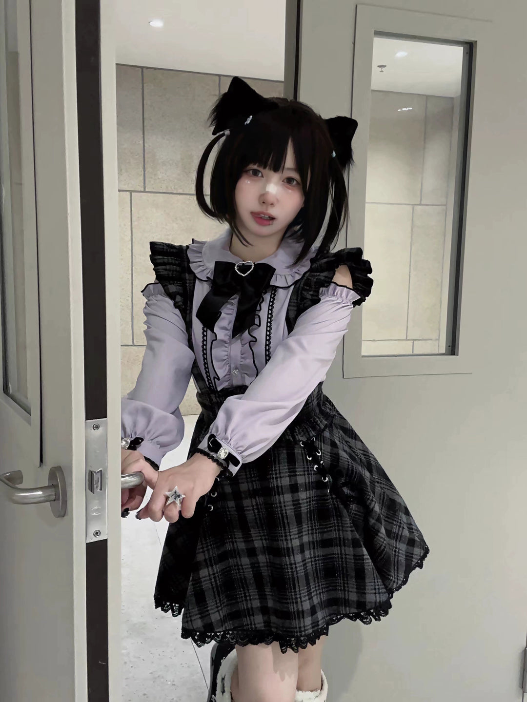 Jirai Kei Set Purple Open-Shoulder Blouse Plaid Suspender Skirt Set 33830:440738
