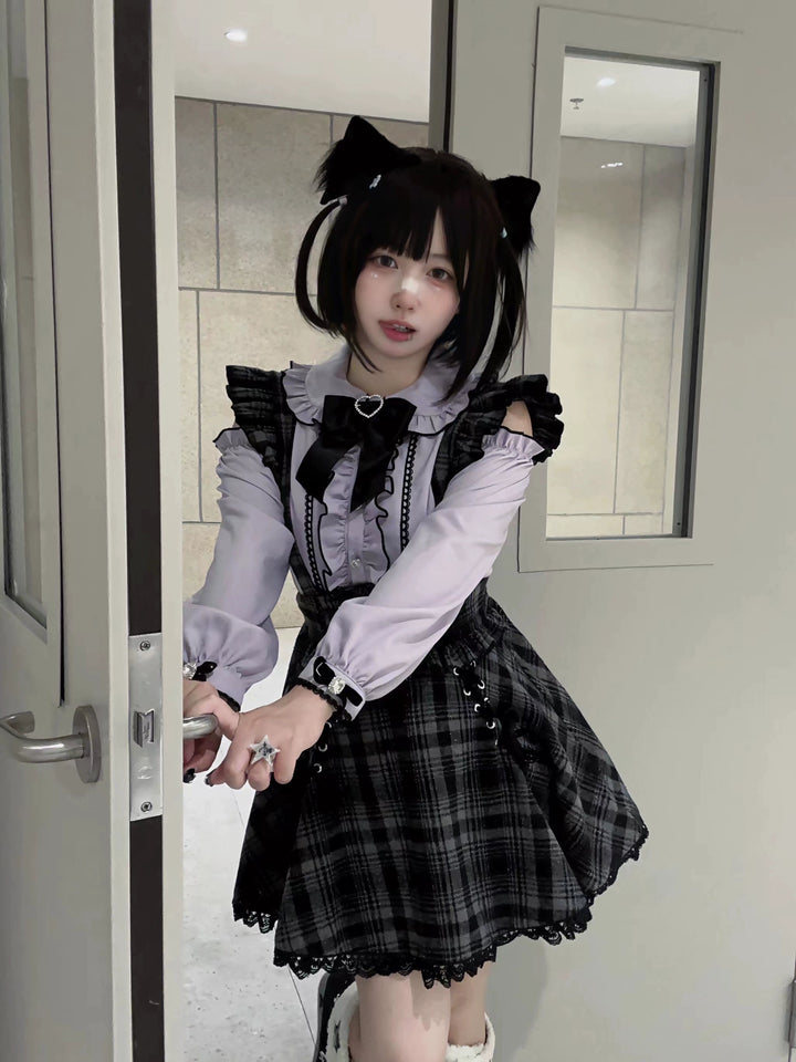 Jirai Kei Set Purple Open-Shoulder Blouse Plaid Suspender Skirt Set 33830:440738