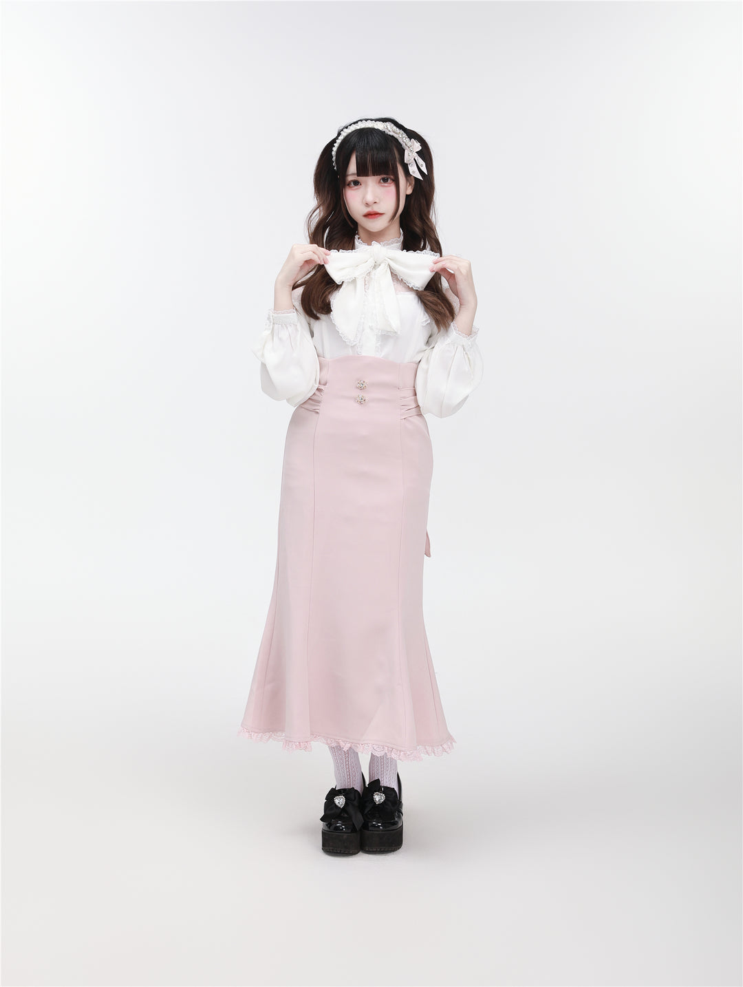Jirai Kei Stand Collar Shirt with Lace Shoulder And Ribbon 42748:751794