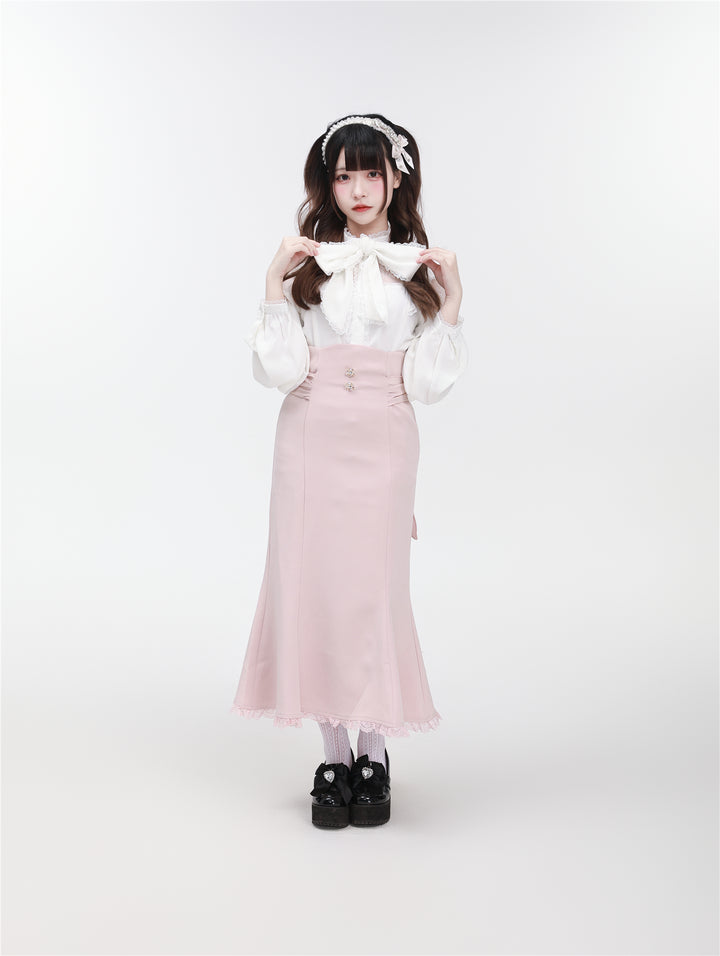 Jirai Kei Stand Collar Shirt with Lace Shoulder And Ribbon 42748:751794
