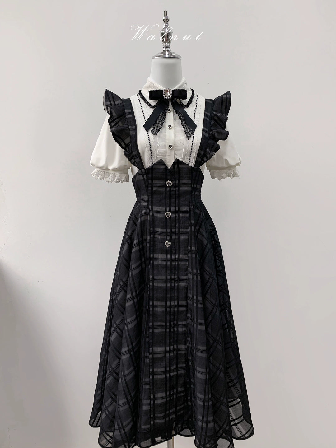 Black Plaid Jirai Kei Suspender Skirt, White Blouse 42918:757774