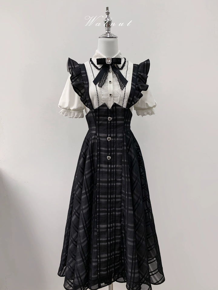 Black Plaid Jirai Kei Suspender Skirt, White Blouse 42918:757774