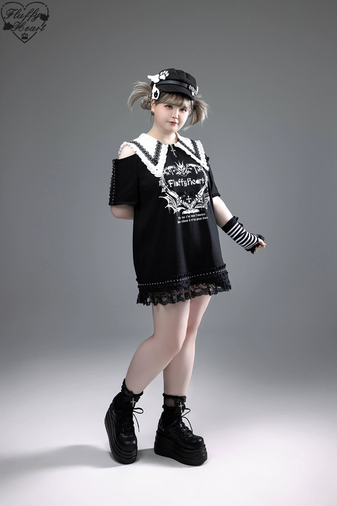 Cotton Sub Jirai Kei T-Shirt Dress, Pointed Collar, Open Shoulder 43373:774815