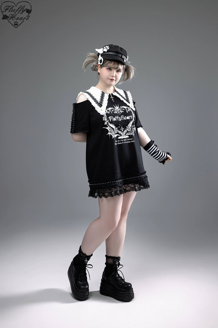 Cotton Sub Jirai Kei T-Shirt Dress, Pointed Collar, Open Shoulder 43373:774815