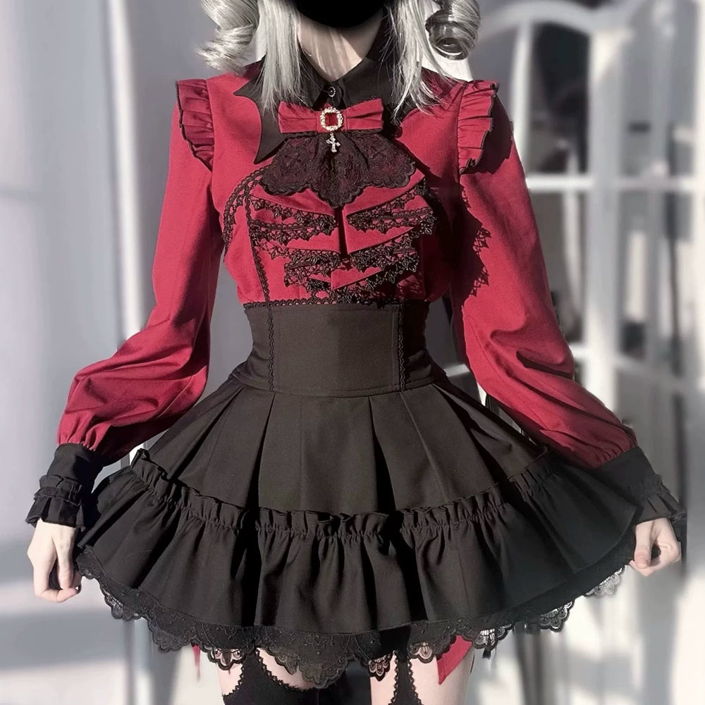 Jirai Kei High-Waist Skirt, Tiered Ruffles and Lace 44365:807241