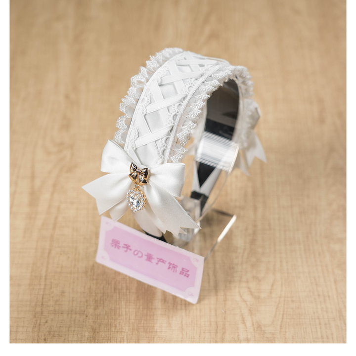 Ruffled Lace Jirai Kei Headband with Bows and Rhinestone 42485:742668
