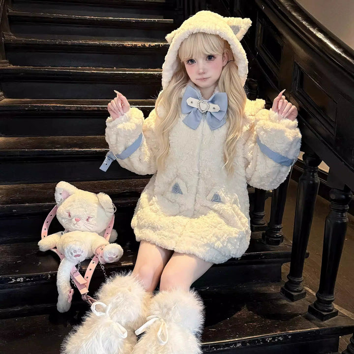 Jirai Kei Coat Cat Ear Hood Jacket Fleece Coat 39958:646652