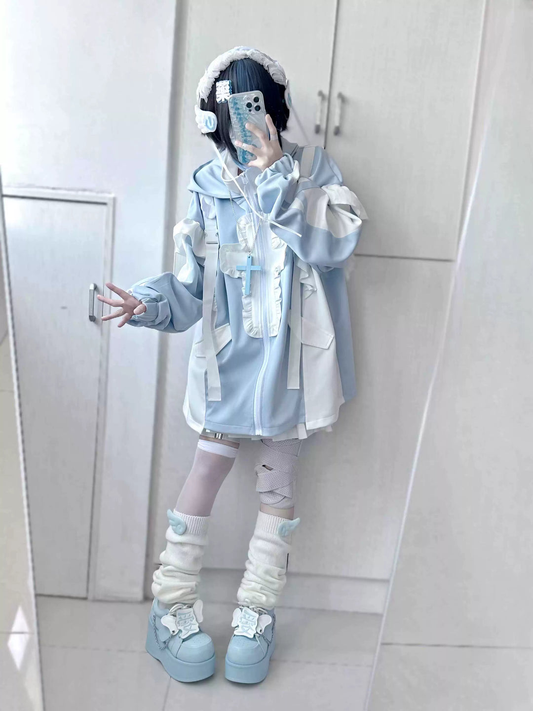 Tenshi Kaiwai Full Set Flounced Blue Cat Ears Coat & Shorts Set 39094:615414