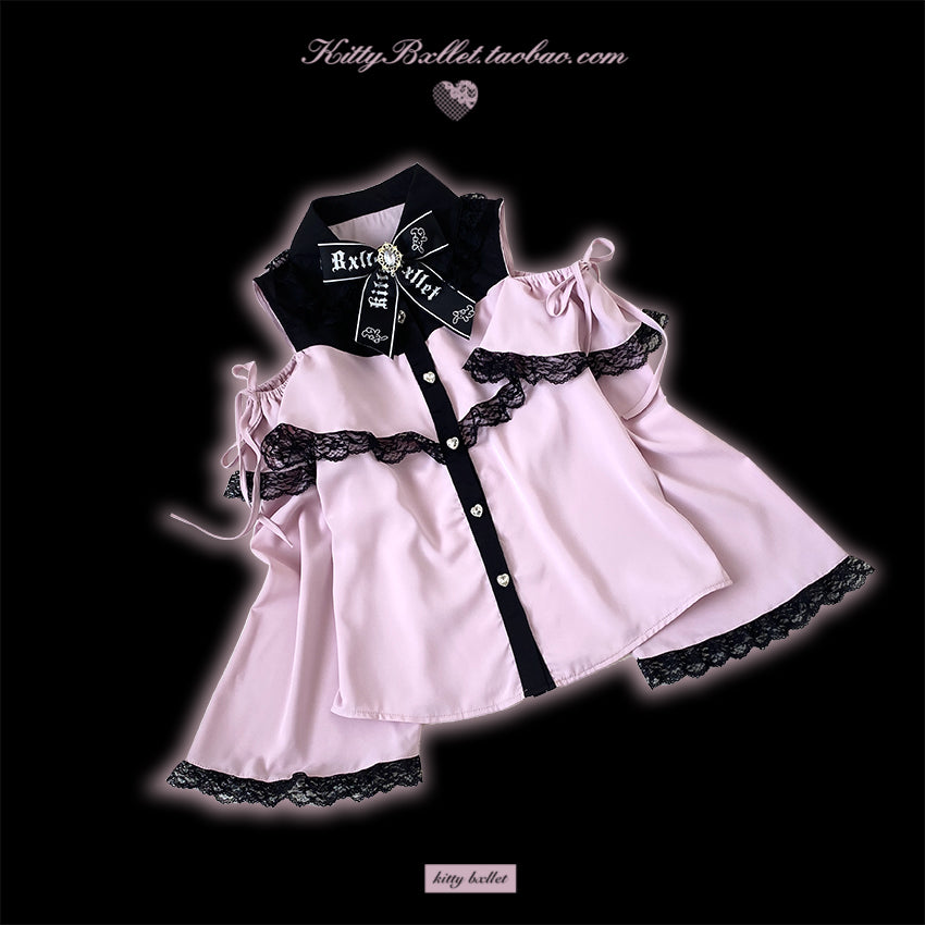 Open Shoulder Jirai Kei Blouse with Lace Trim & Princess Sleeves 42618:746846