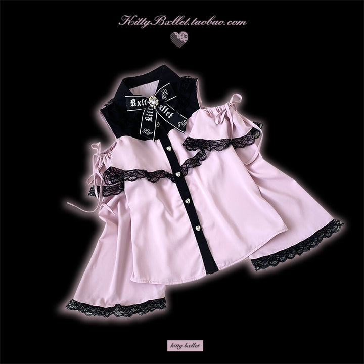 Open Shoulder Jirai Kei Blouse with Lace Trim & Princess Sleeves 42618:746846