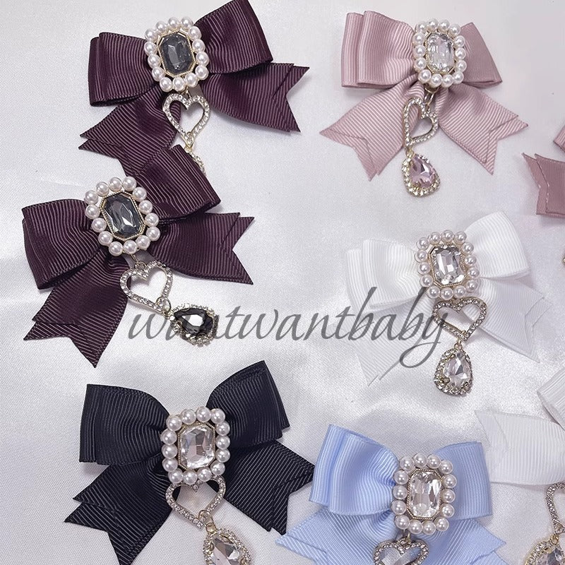 Ribbon Jirai Kei Hair Clips with Rhinestone And Pearl Detail 42436:740177