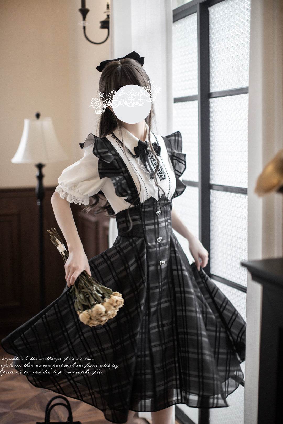 Black Plaid Jirai Kei Suspender Skirt, White Blouse 42918:760659