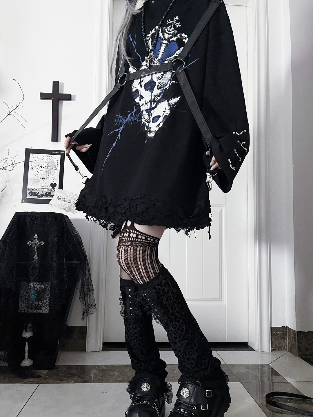 Gothic Printed Long Sleeve Tee, Detachable Strap 44336:804658