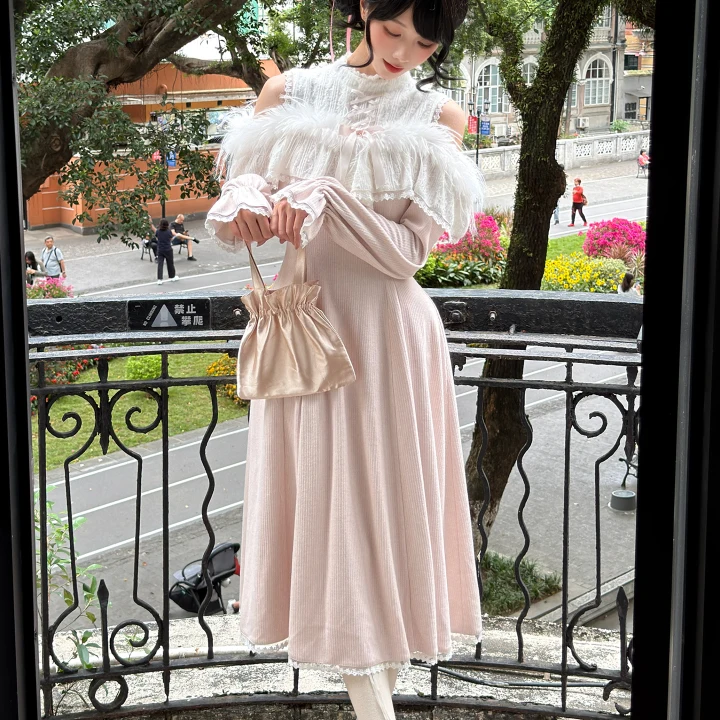 Seiso Kei Elegant Dress, Pink and White Knit (L M S) 44113:796878