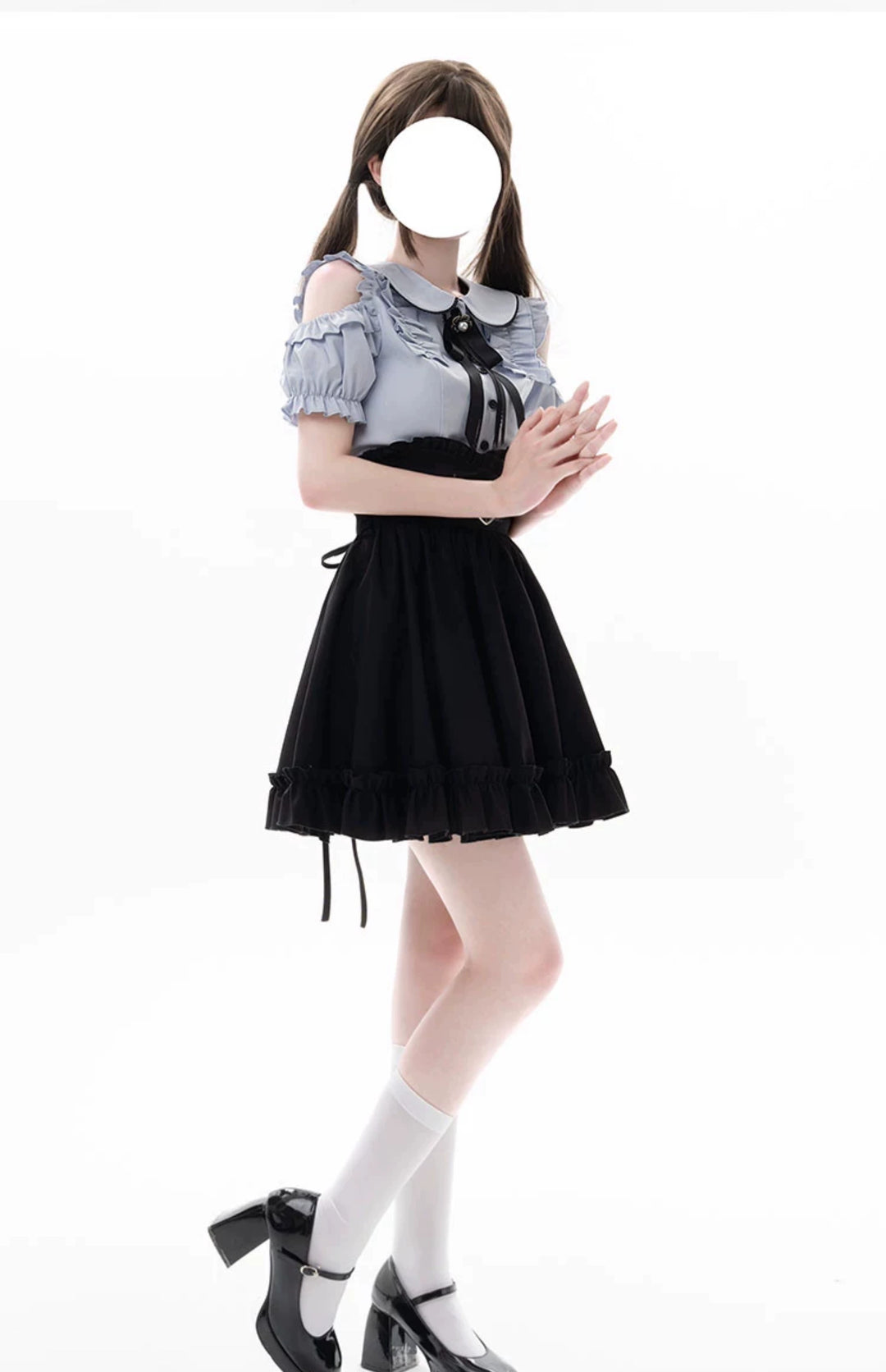 Jirai Kei Blue Open Shoulder Blouse, Flounce Hem Skirt 21966:351008