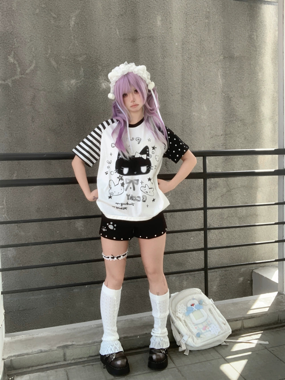 Kawaii Otaku Anime Cat Print Cotton Shirt Black & White 42851:755316