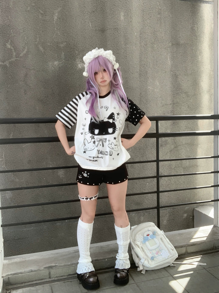 Kawaii Otaku Anime Cat Print Cotton Shirt Black & White 42851:755316
