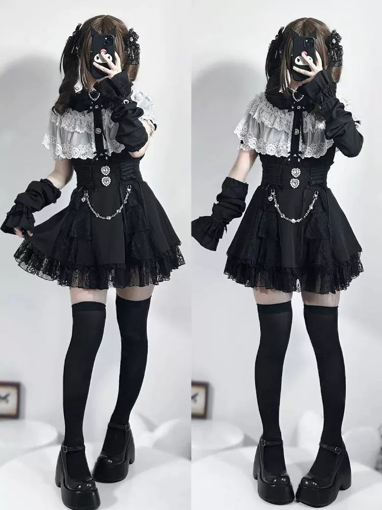 Jirai Kei Blouse with Layered Lace Cape & Detachable Sleeve 42860:755736