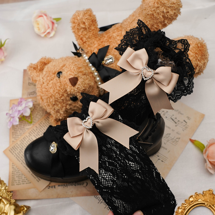 Jirai Kei Socks Kawaii Heart-Shaped Rhinestones and Bow Detail 21542:308634