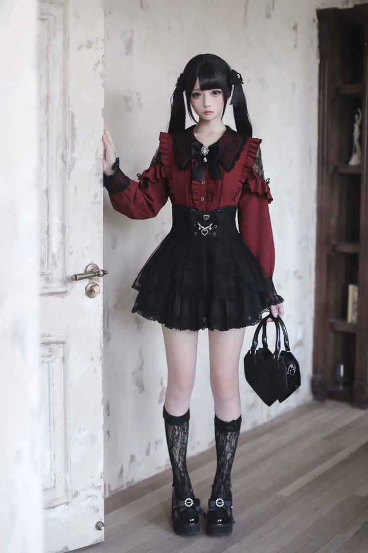 Jirai Kei Long Sleeve Blouse, Lace Overlay and Heart Buttons 44589:815133