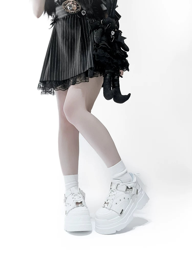 White/Black Punk High Platform Shoes, Metal Buckles 44400:807744