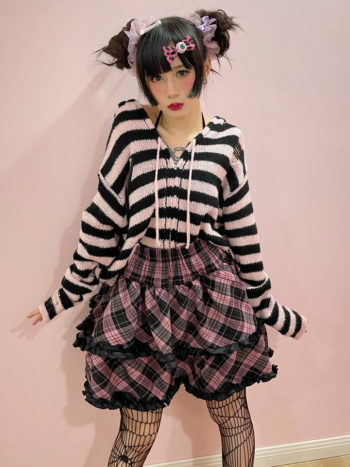 Punk Plaid Skirt Pink Blue Skirt Bow Layered Ruffle Skirt 33818:445982 33818:445982