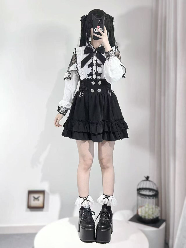 Black Jirai Kei Skirt With Flounce Hem + Heart Rhinestone (L M S) 42711:750108