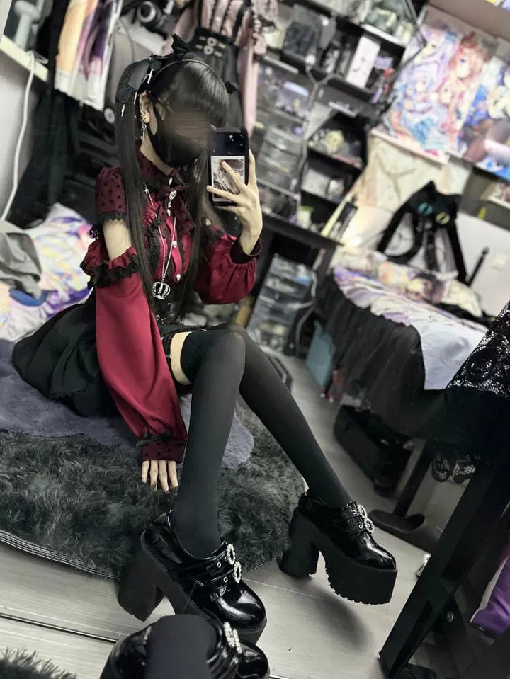 Jirai Kei Blouse, Lace Open Shoulder, Dolka Dots 34044:486452