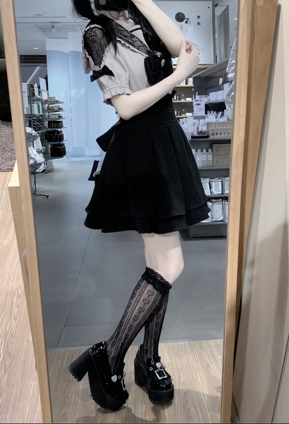 Sailor Collar Jirai Kei Blouse, High Waist Skirt, Embroidered Cross 37118:552524
