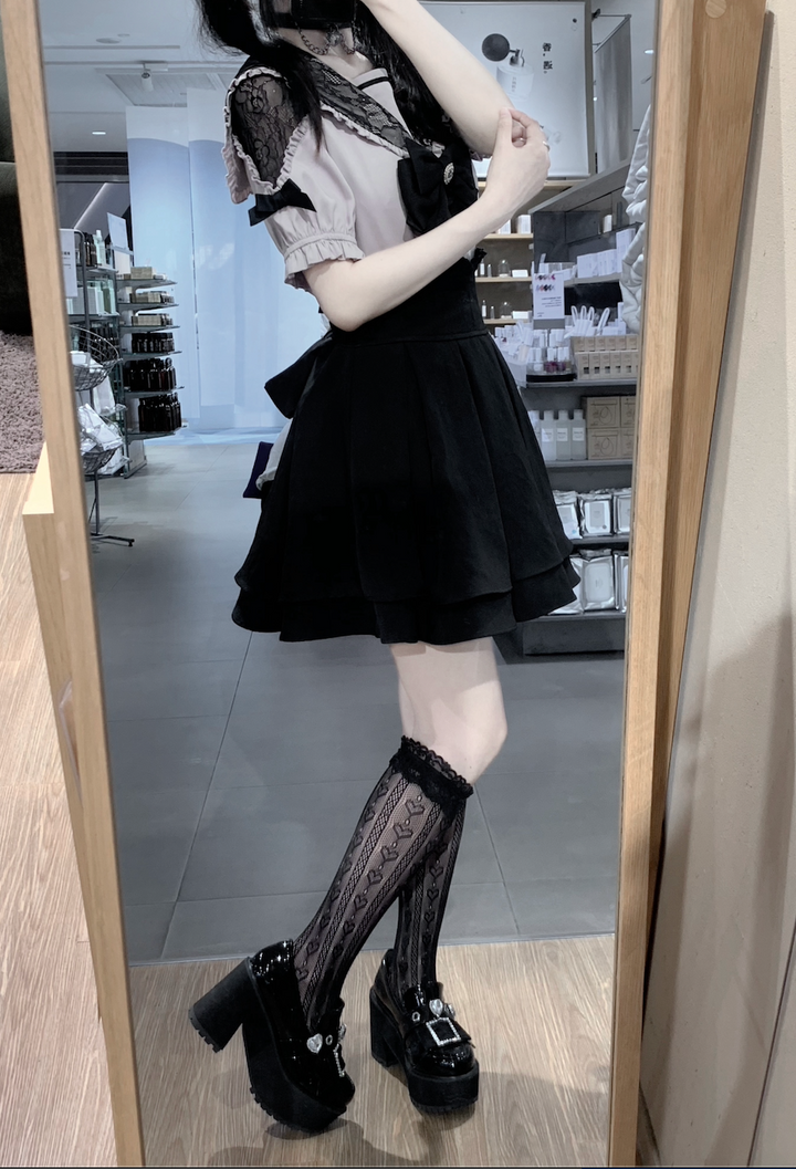 Sailor Collar Jirai Kei Blouse, High Waist Skirt, Embroidered Cross 37118:552524