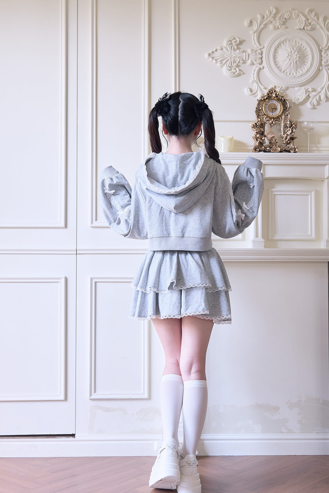 Sport Jirai Kei Hoodie Jacket Pants and Skirt with Lace Detail 42521:743625