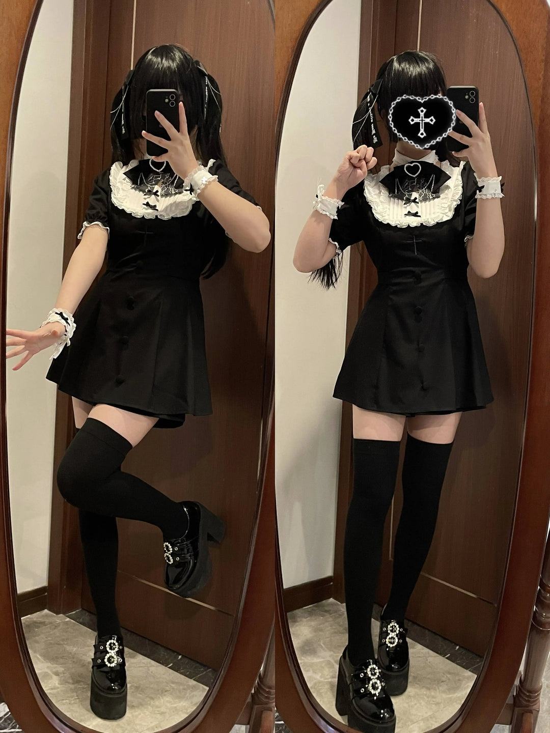 Jirai Kei Dress Set Short-sleeved Lace Knot Bow Dress Shorts 35108:483260