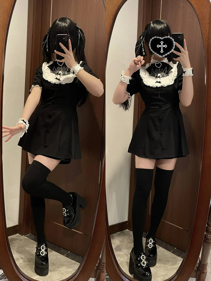 Jirai Kei Dress Set Short-sleeved Lace Knot Bow Dress Shorts 35108:483260