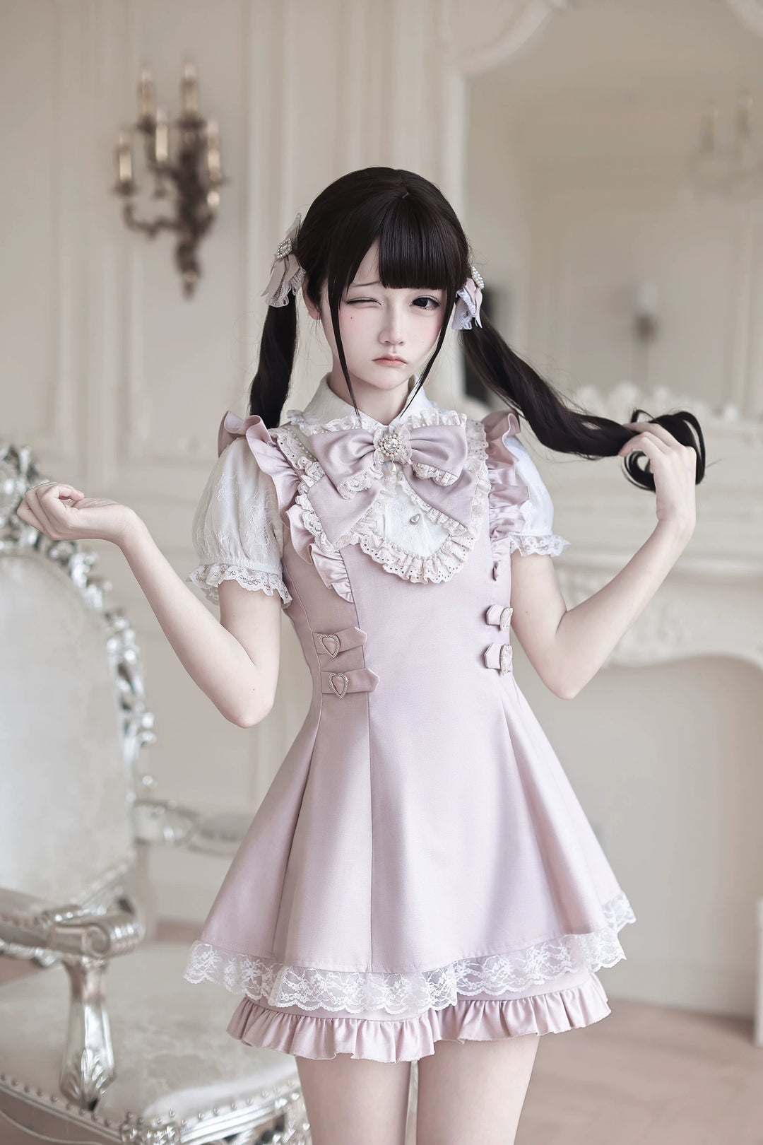 Ryousangata Pleated Hem Dress, Pearl-trimmed Neckline 45554:853347