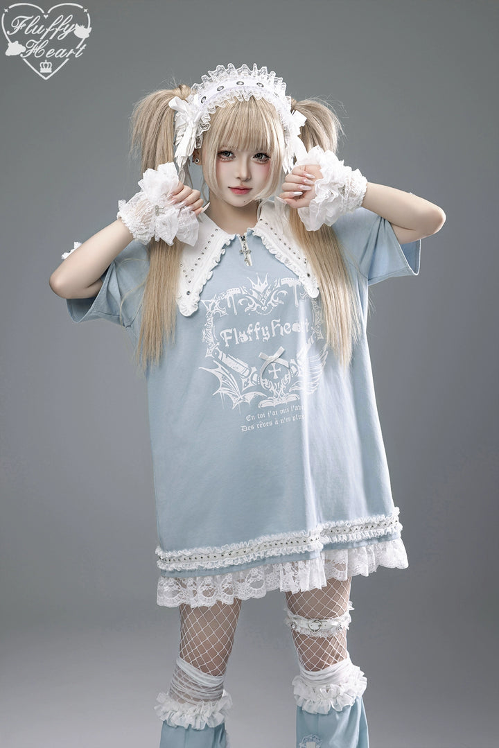 Cotton Sub Jirai Kei T-Shirt Dress, Pointed Collar, Open Shoulder (L M S) 43373:774823