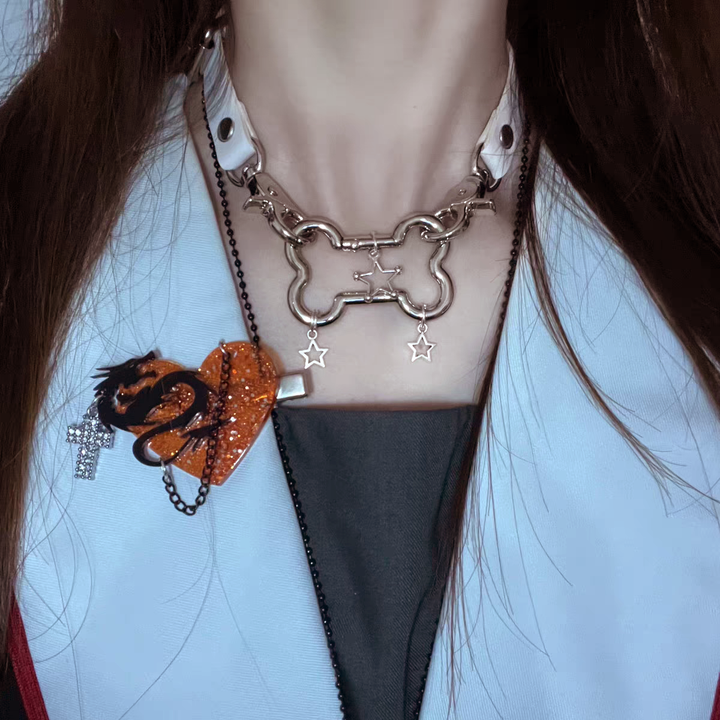 Jirai Kei Necklace Metallic Bone Star Pendant PU Punk Choker 42684:749358