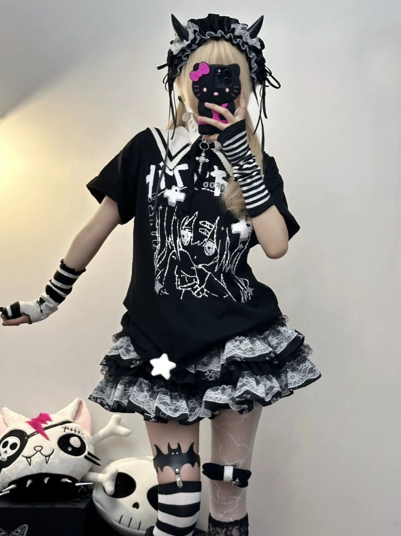 Jirai Kei Blouse Anime Top Sailor Collar Short Sleeve Top 36586:558654