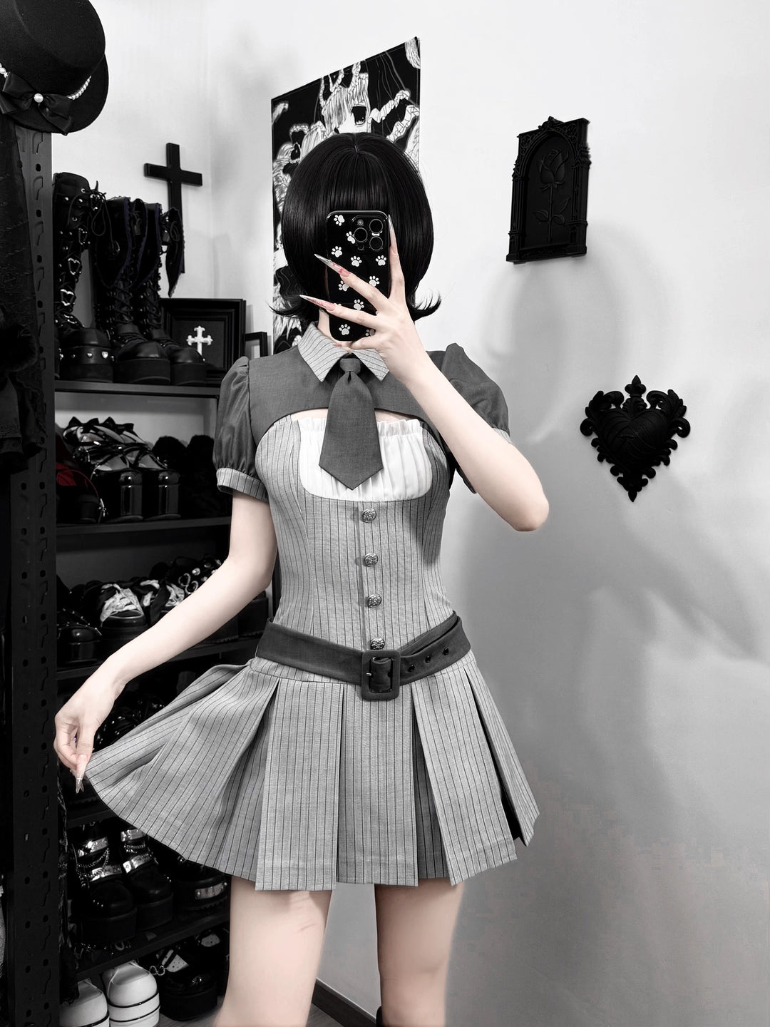Jirai Kei Gray Striped Faux Two-Piece Dress, Mini Tie 44808:829274