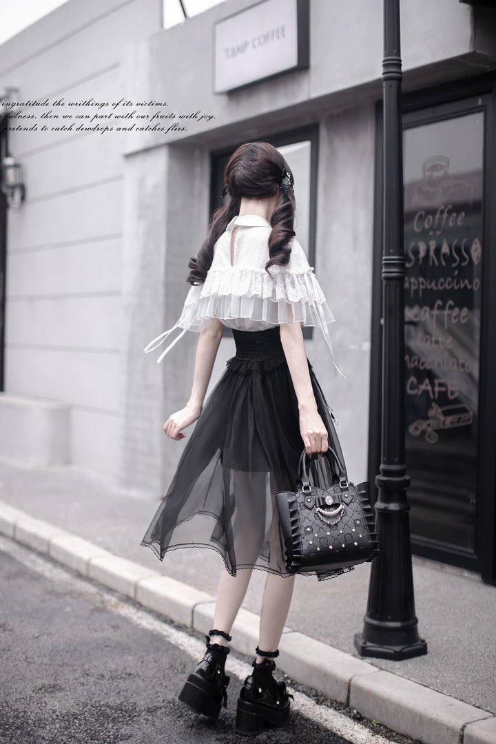 Jirai Kei Cape-Styled Blouse, High-Waist Skirt With Veil Overlay 42919:775520