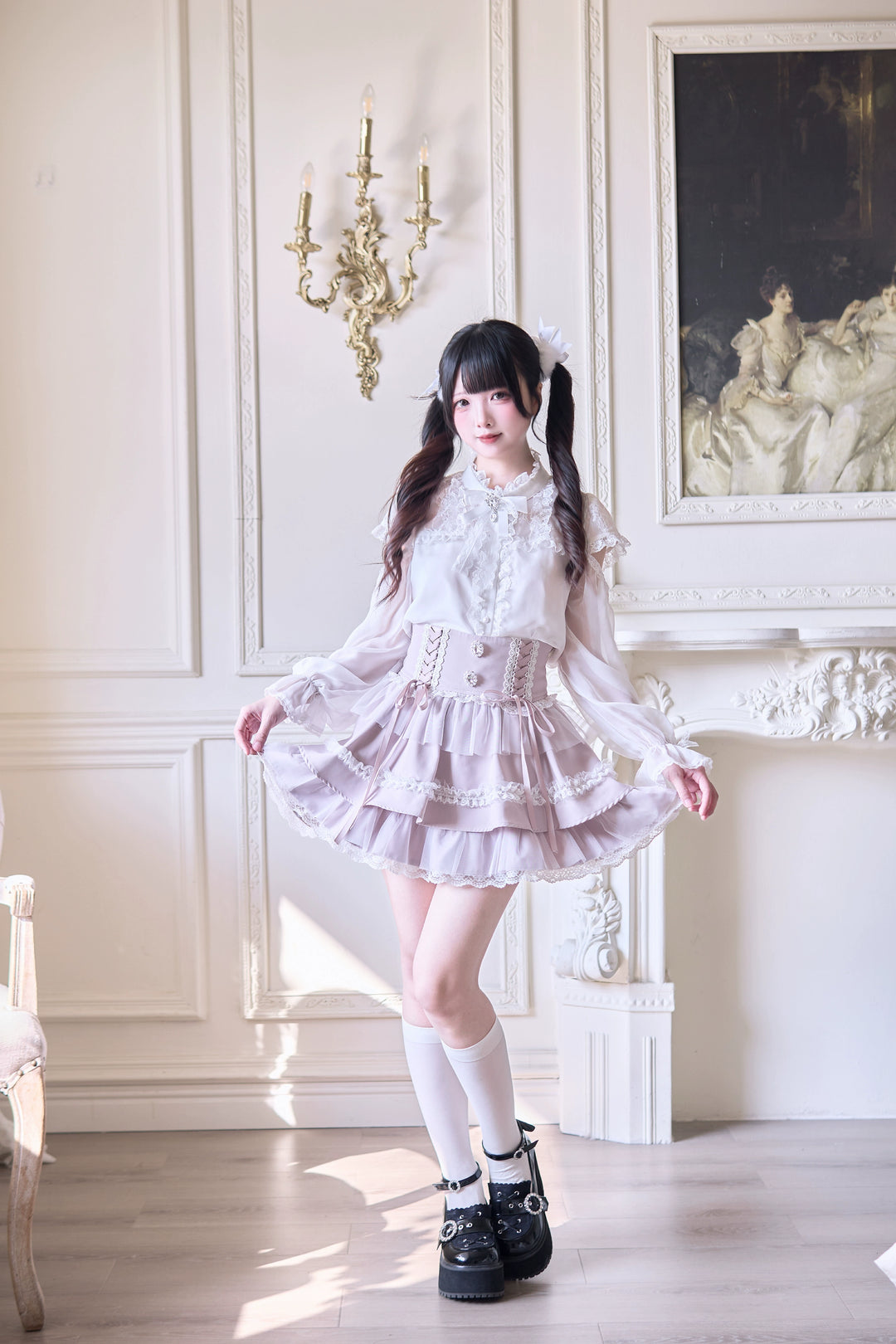 Jirai Kei Ruffle Tiered Skirt with Lace and Bows Multicolor 42894:758577