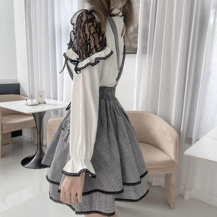 Jirai Kei Blouse White Lace Shirt Plaid Skirt Overall Dress 32960:431744