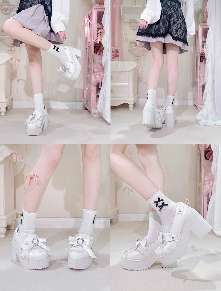 Jirai Kei Shoes Bow Tie Rhinestone Platforms High-heel Shoes 38516:590846