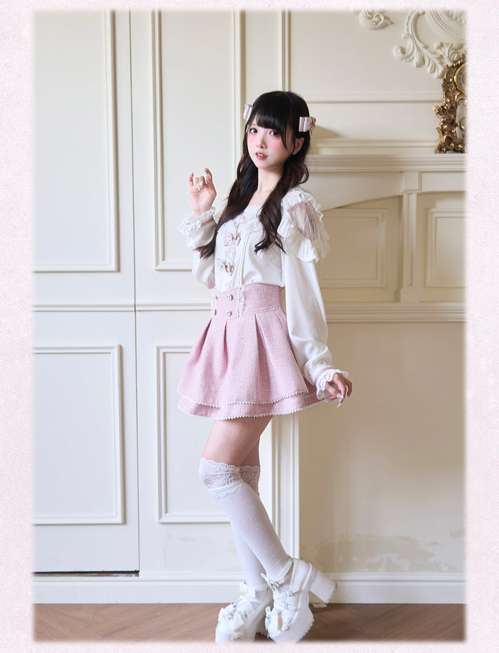 Sailor Collar Jirai Kei Blouse with Tulle Shoulder and Lace Frill 42523:744430
